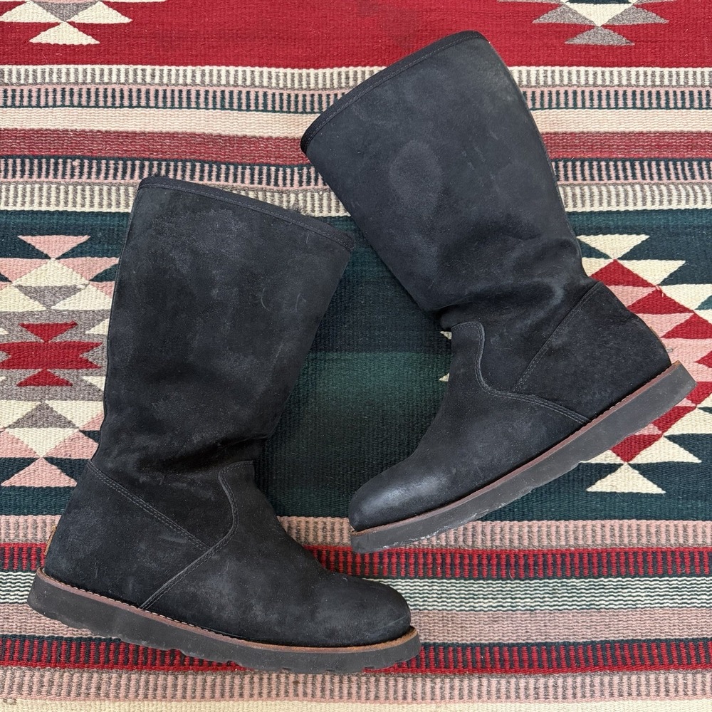 UGG Etta Tall Boots Sz‎ 10 Black Suede Leather Sheepskin Warm Waterproof Gothic